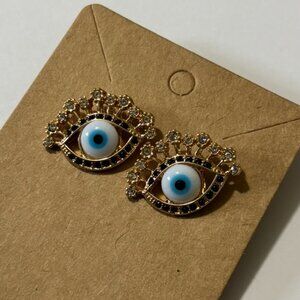 Gold Rhinestone Bling Evil Eye Blue Black Sequin Stud Earrings